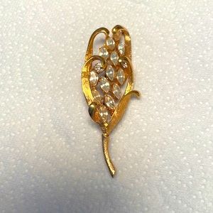 Signed vintage BSK Marquise rhinestone, textured, gold tone leaf brooch pin